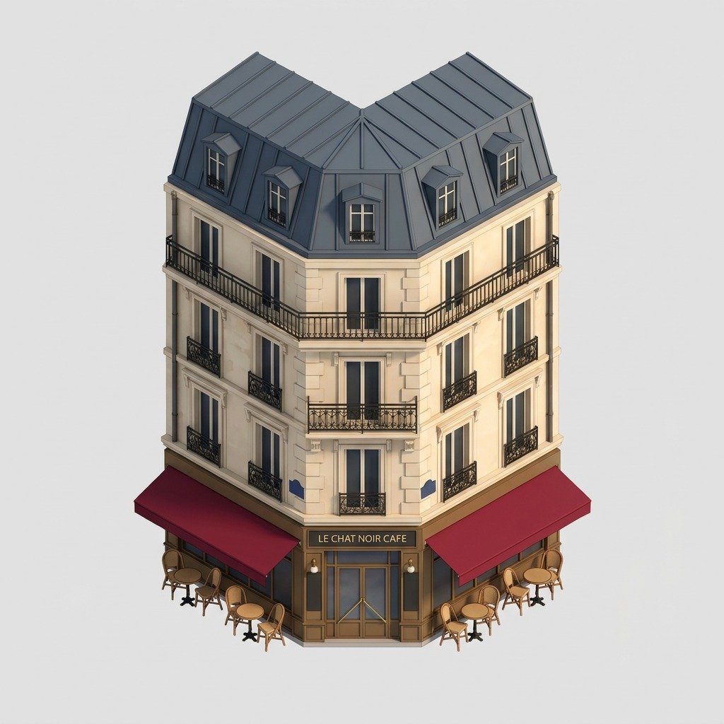 巴黎街角咖啡馆设计图，红雨棚上写着 LE CHAT NOIR CAFE