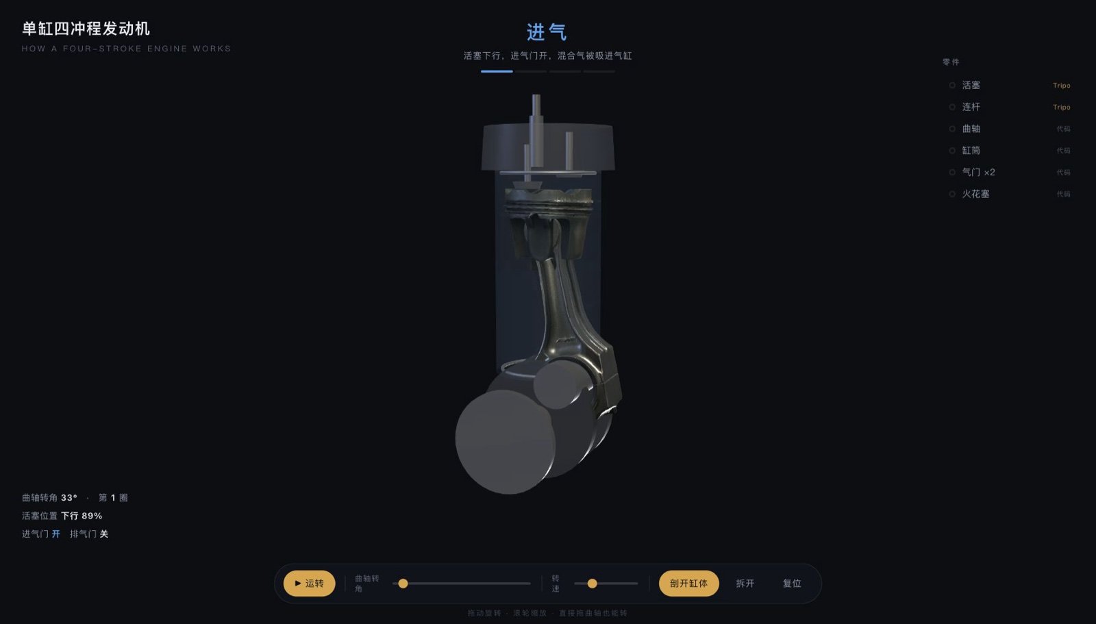 发动机运转中，剖开缸体，曲轴转角 33 度
