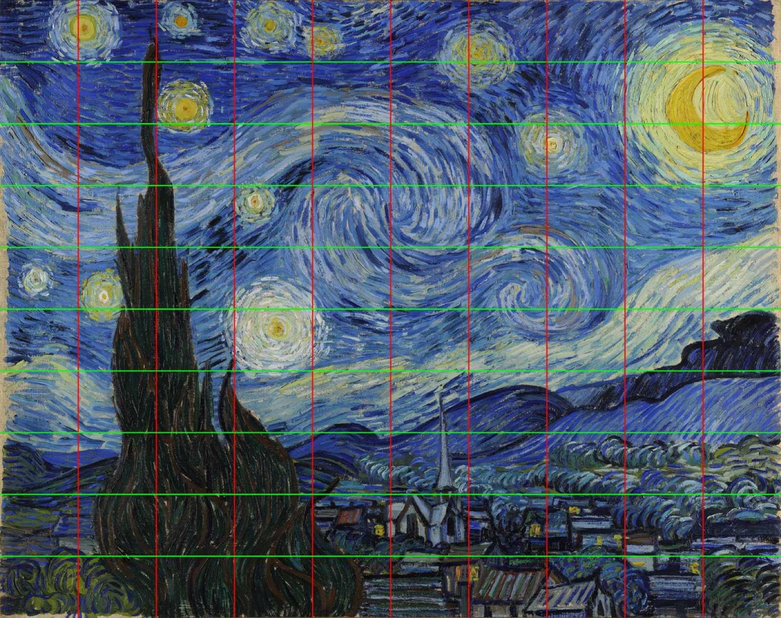 星月夜原画上叠了红绿网格线
