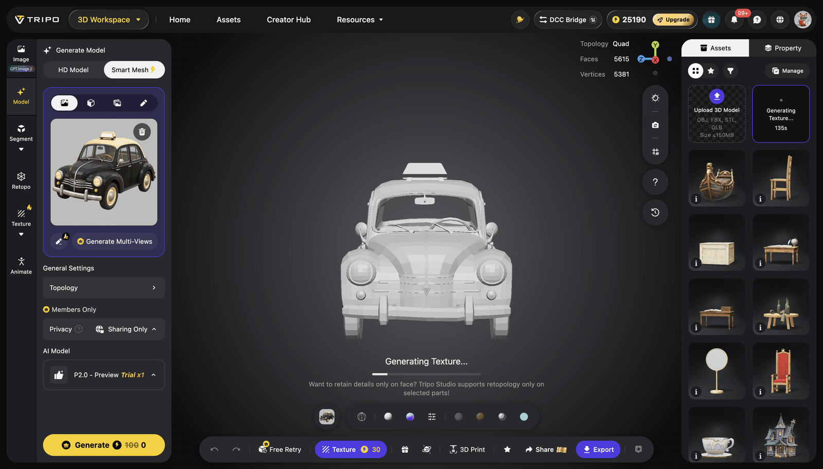 Texture 生成中，中央显示 Generating Texture，右侧任务卡片显示 135s