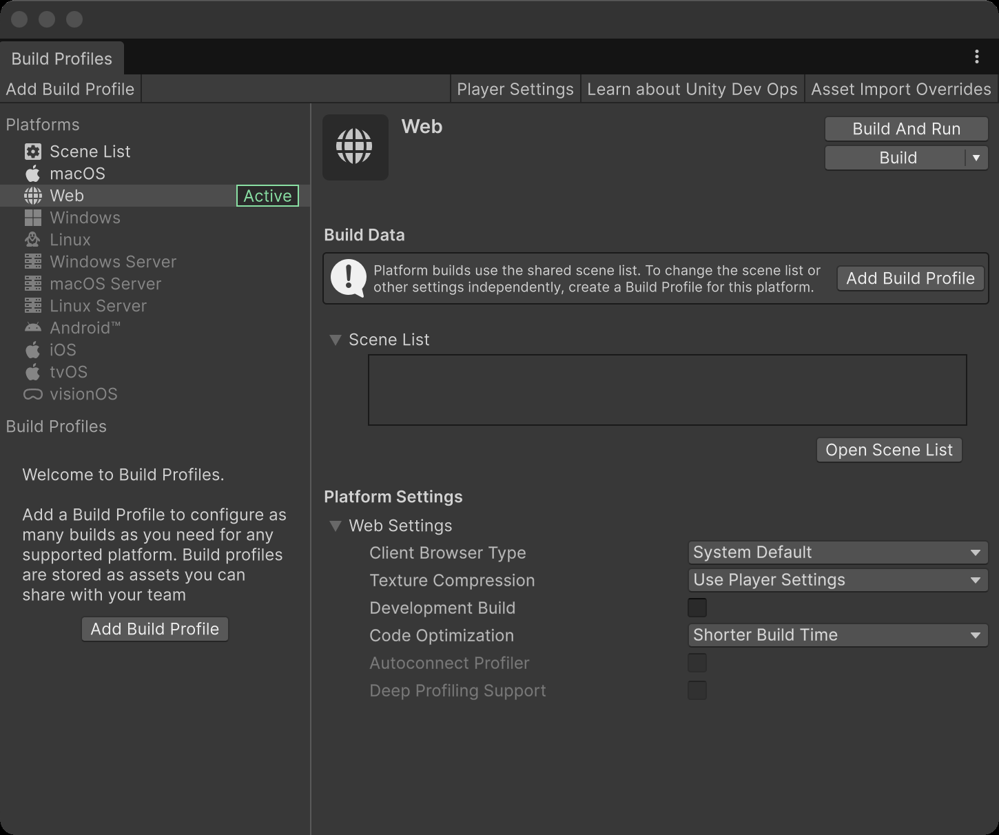 Unity 6的Build Profiles窗口